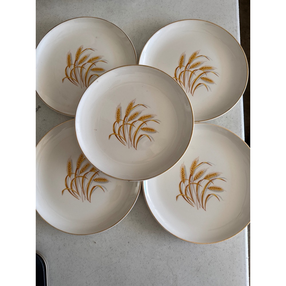 Vintage Golden Wheat Dinner Plates Set of 5 22K Gold Rim USA Made 10 Inch